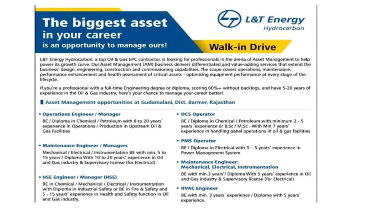 L&T Energy Hydrocarbon Walk-In Interview 2024