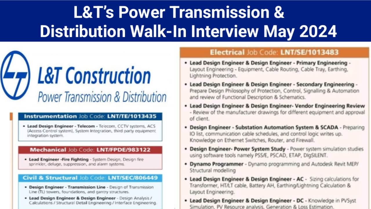 L&T’s Power Transmission & Distribution Walk-In Interview May 2024