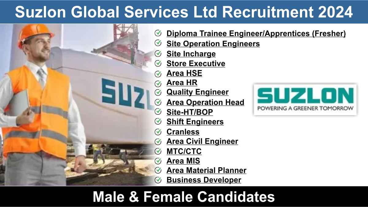 Suzlon Global Services Ltd Recruitment 2024 | Walk in Interview 3 June 2024 | Hiring for Multiple Positions | Male & Female Candidates