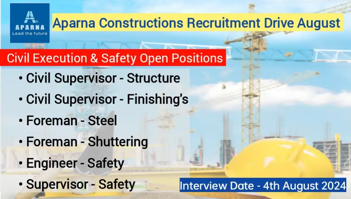 Aparna Constructions Estates Pvt. Ltd Latest Walk-In Interview 2024 | For Supervisor, Foreman, Engineer