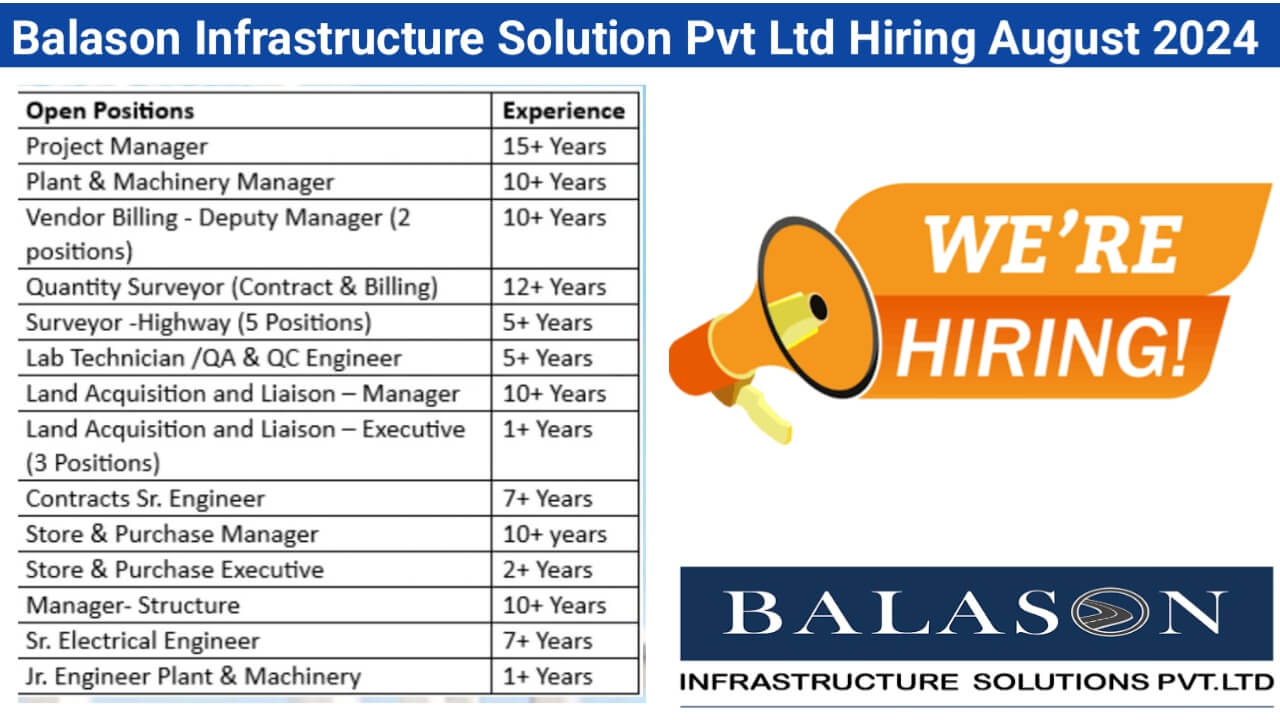 Balason Infrastructure Solution Pvt Ltd Hiring August 2024