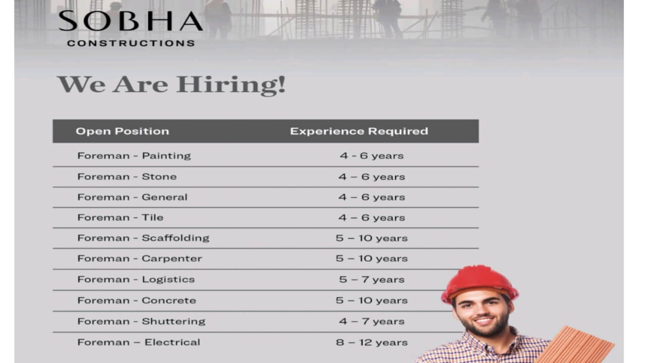 SOBHA Constructions Urgent Recruitment 2024 | Latest Foreman Job Vacancy