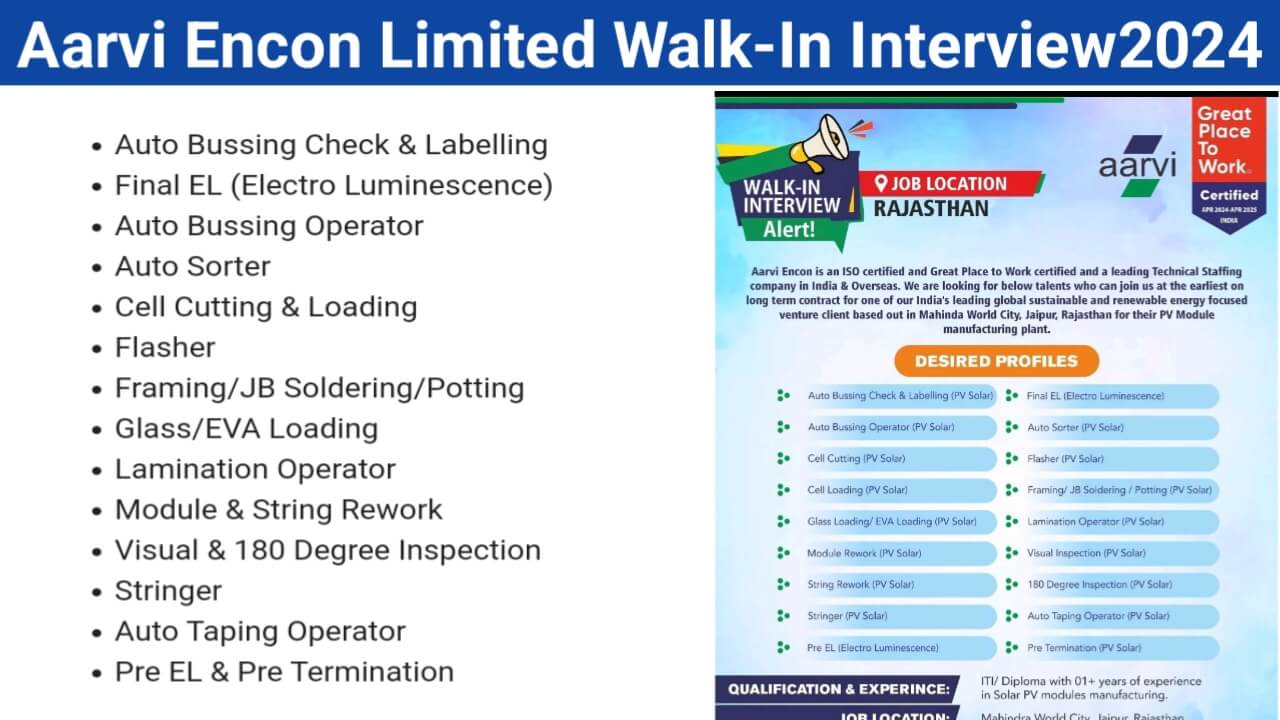 Aarvi Encon Limited Walk-In Interview2024 | Date: 30th November 2024 (Saturday)