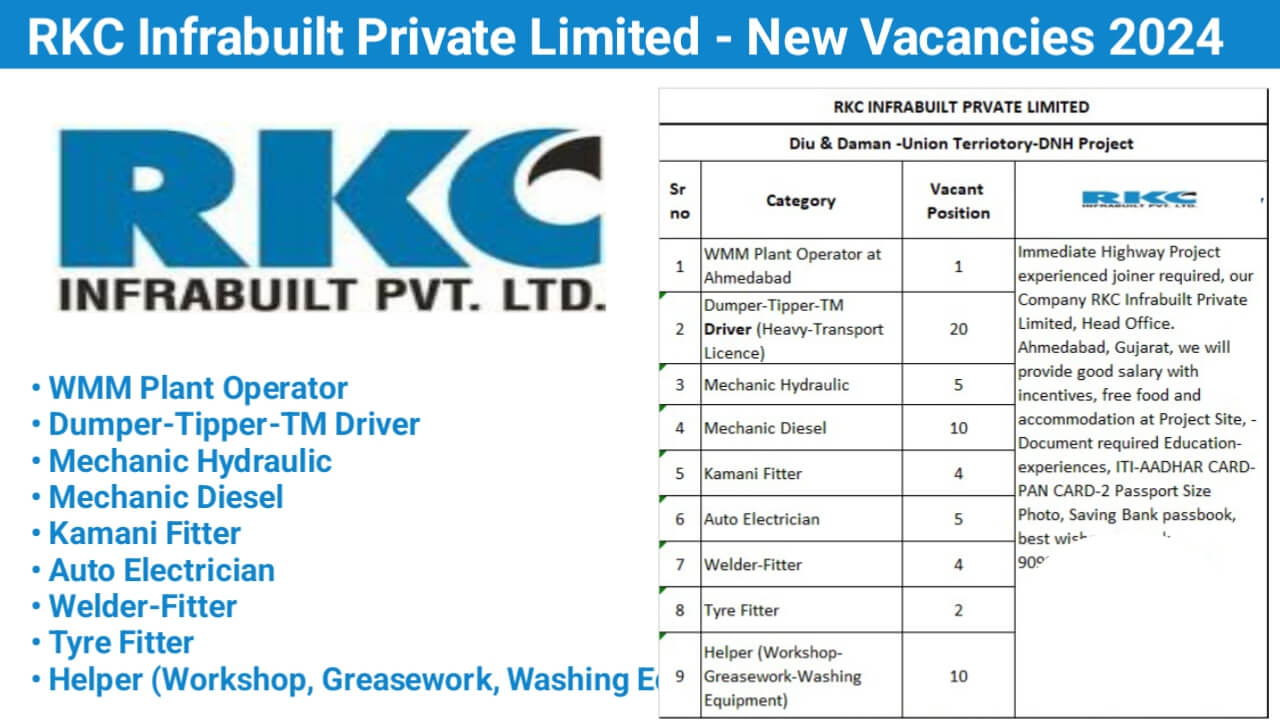 RKC Infrabuilt Private Limited – New Vacancies 2024 | For Auto Electrician, WMM Plant Operator, Mechanic Diesel, Tyre Fitter