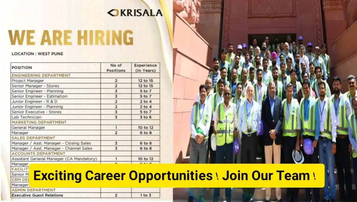 Krisala Developers Hiring 2024 | For Lab Technician, Sr. Executive – Stores, Jr. Engineer – Planning