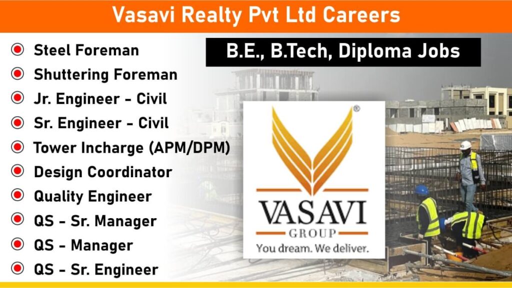 Vasavi Realty Pvt Ltd New Vacancy 2025 | For Engineer, Supervisor, Foreman And Manager