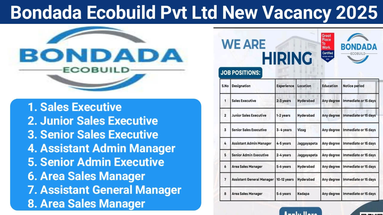 Bondada Ecobuild Jobs, Sales Executive Jobs, Admin Jobs, Hyderabad Jobs, Vizag Jobs, Jaggayapeta Jobs, Cuddapah Jobs,