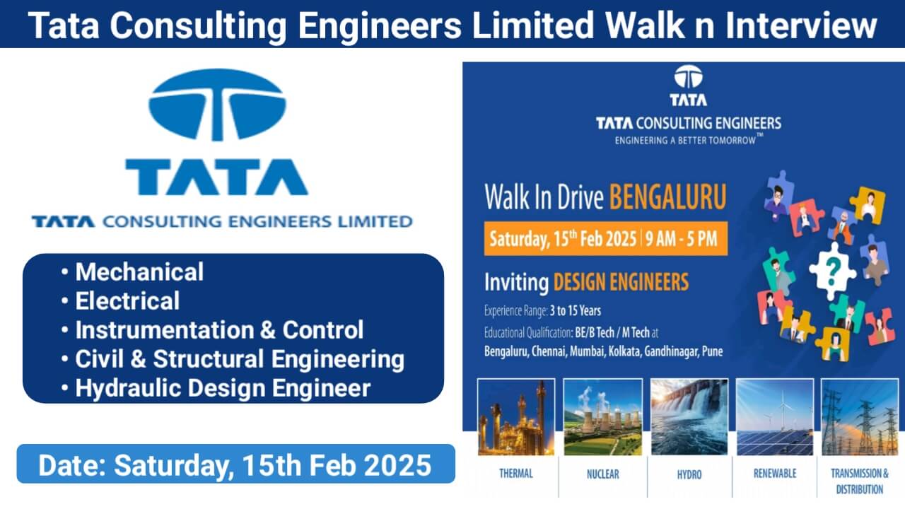 Tata Consulting Engineers Limited Latest Walk-In Interview 2025: Date: Saturday, 15th Feb 2025