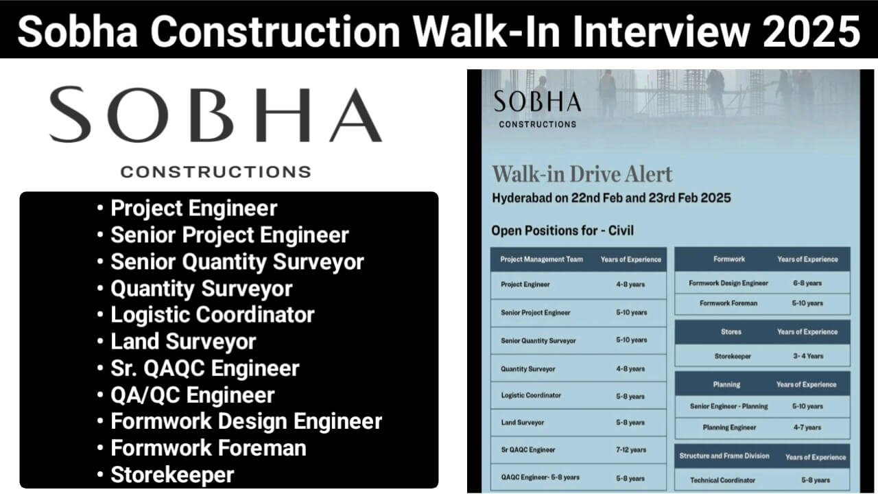 Sobha Construction Recruitment 2025 | For Engineer, Supervisor And Foreman