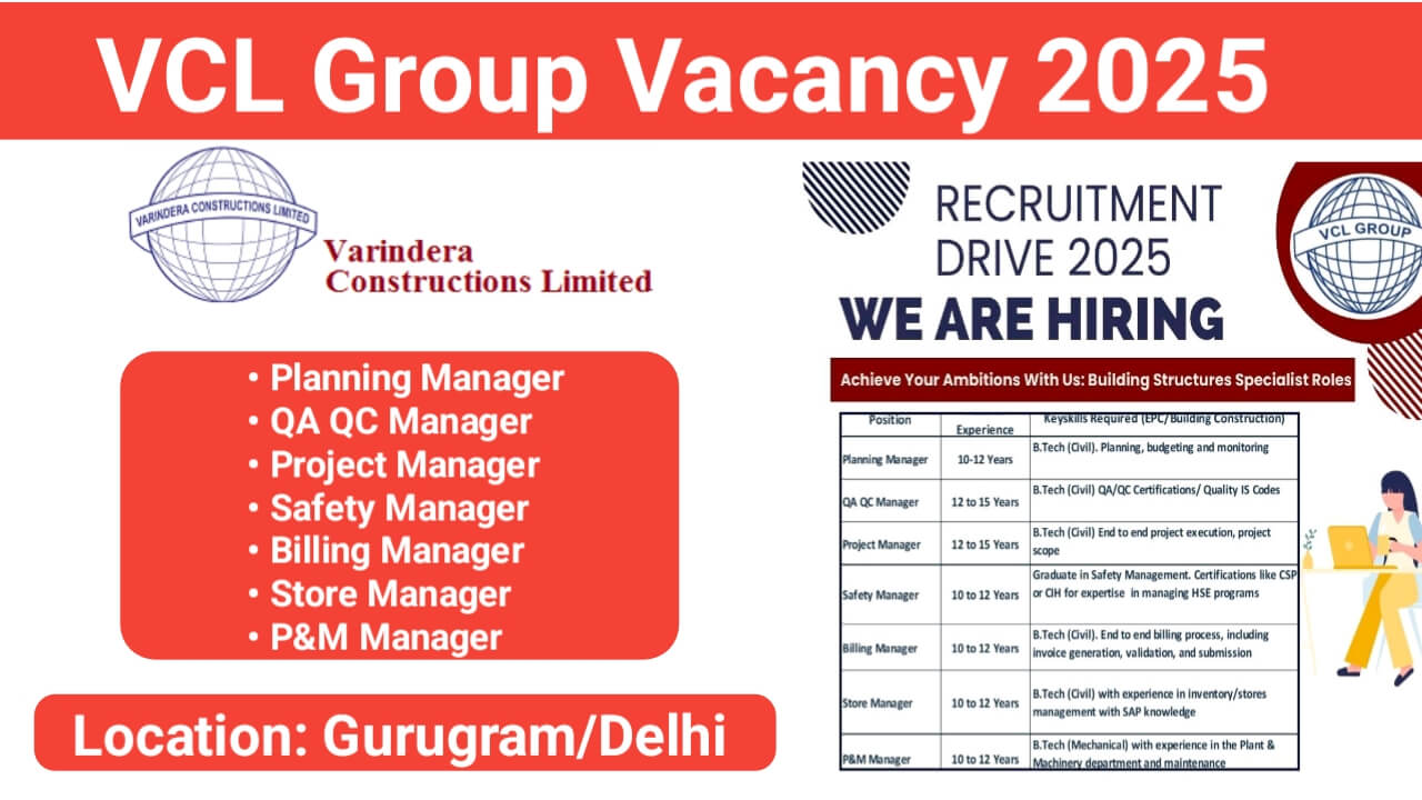 VCL Group Recruitment 2025 | Planning Manager, QA QC Manager, Project Manager & More | Gurugram/Delhi Location