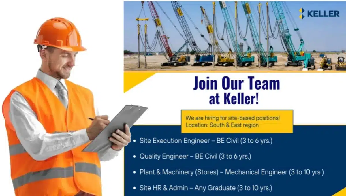 Keller Group Hiring 2025 | Site Execution Engineer, Quality Engineer, Plant & Machinery, Site HR & Admin | South & East India Locations