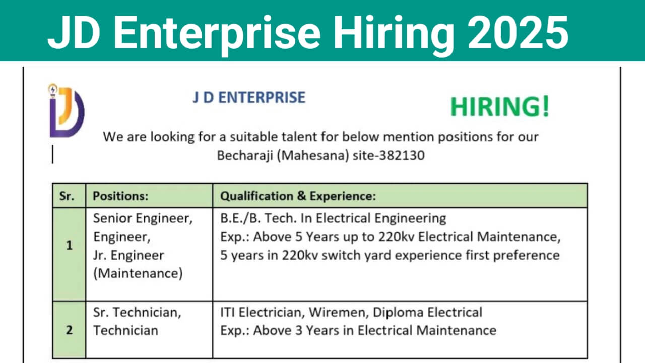 JD Enterprise Recruitment 2025 | Job Location: Becharaji, Mahesana