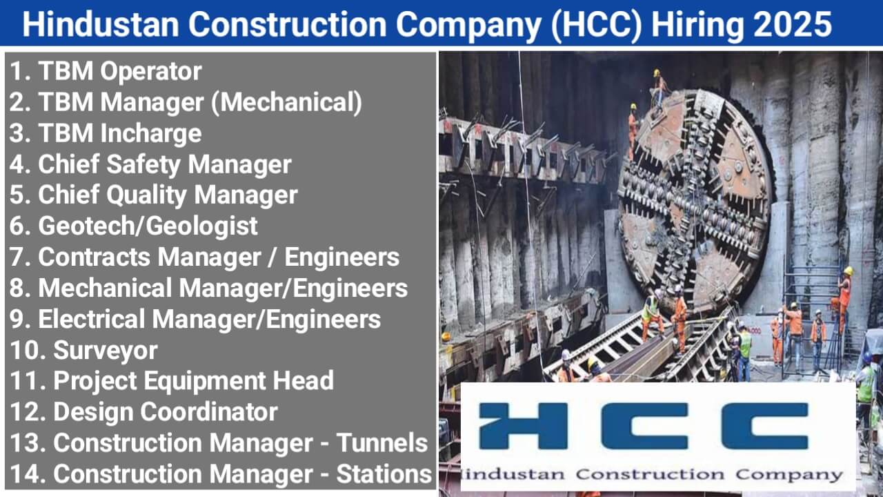 Hindustan Construction Company (HCC) Recruitment 2025 | for Underground Metro Project | TBM, Safety, Quality, Geotech & More