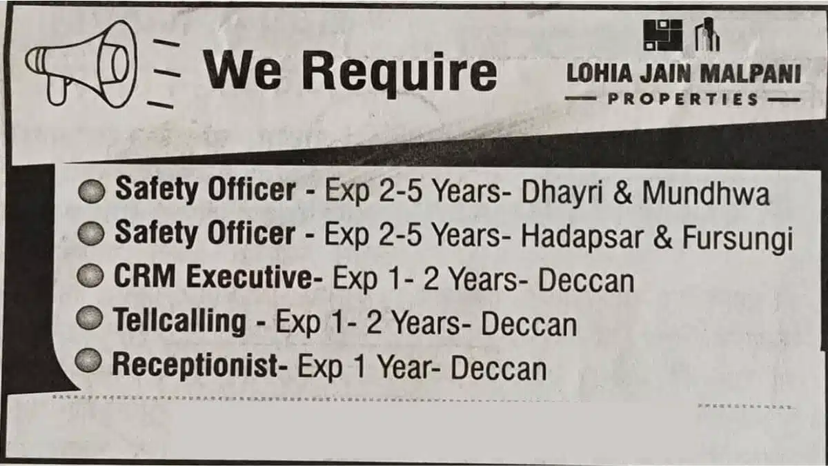 Lohia Jain Malpani Properties Hiring 2025 | for Safety Officers, CRM Executives & More