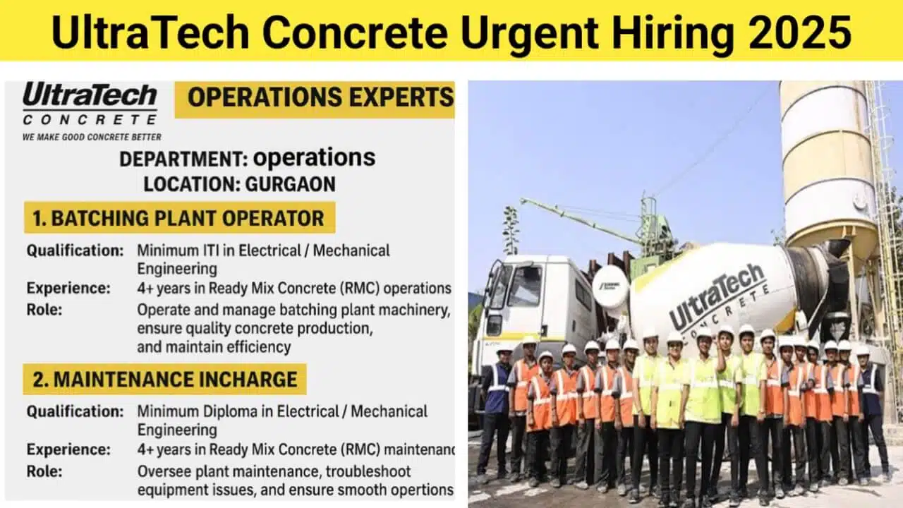 UltraTech Concrete Urgent Hiring 2025 | For Batching Plant Operator And Maintenance Incharge | Location: Gurgaon
