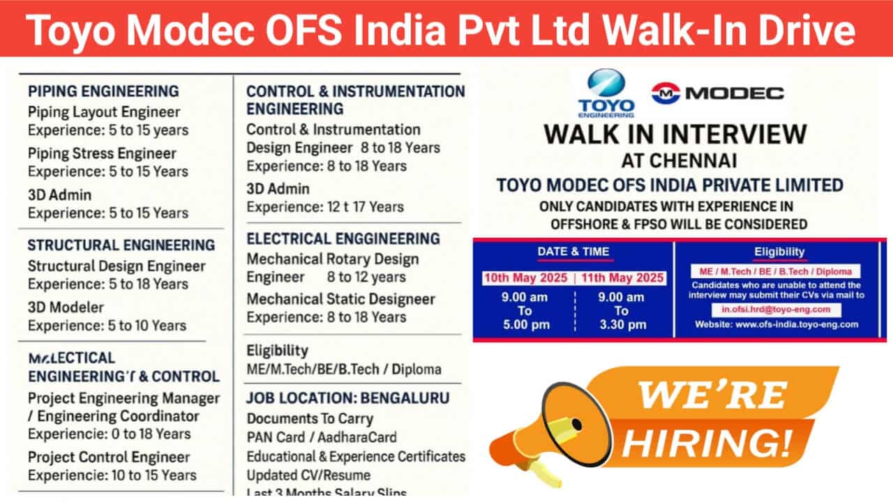 Toyo Modec OFS India Pvt Ltd Mega Walk-In Drive 2025 | Job Location: Bengaluru, India