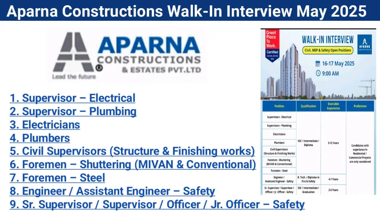 Aparna Constructions Walk-In Interview May 2025 | Site Supervisor Vacancies