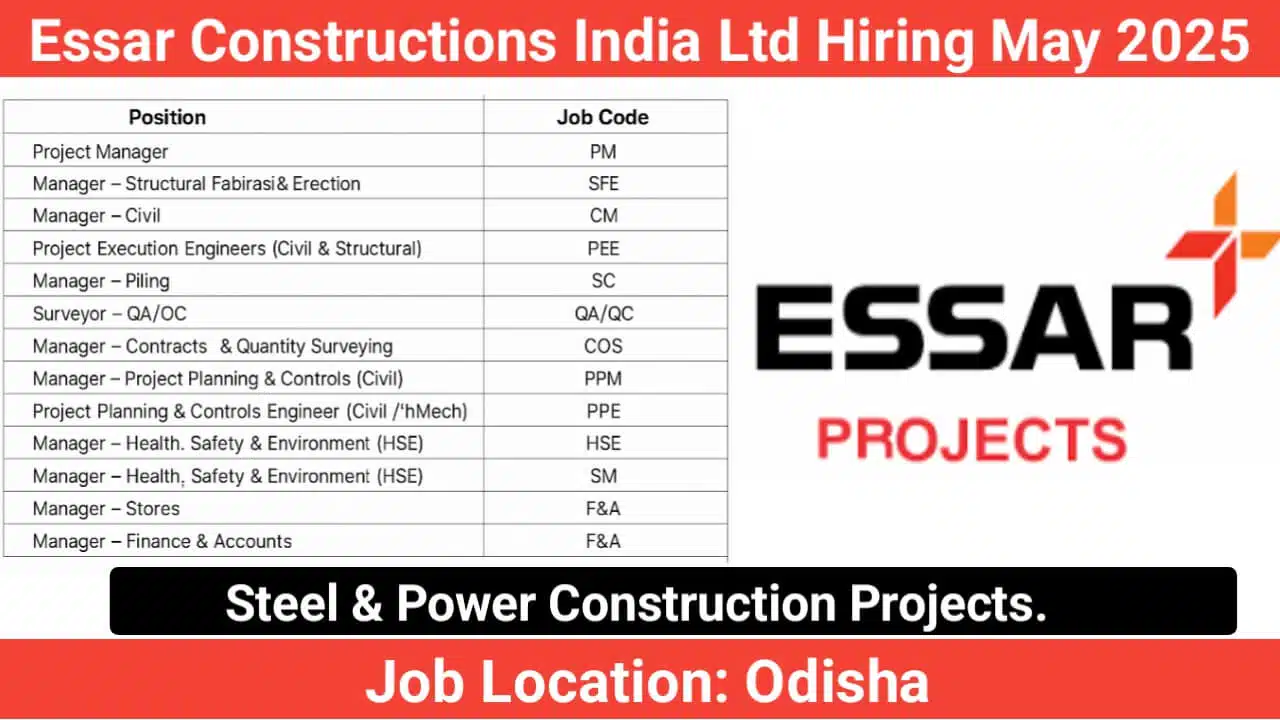 Essar Constructions India Ltd Hiring May 2025 | for Steel & Power Construction Projects