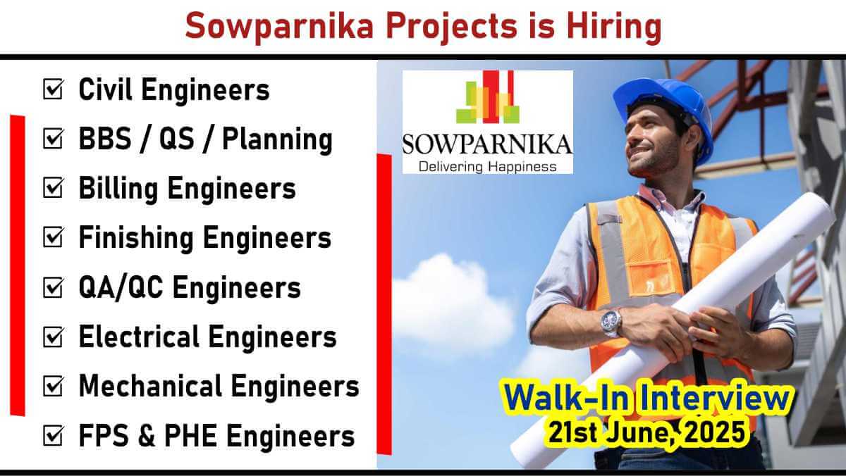 Sowparnika Projects is Hiring: Civil, Electrical & Mechanical Engineers for High-Rise Residential Projects