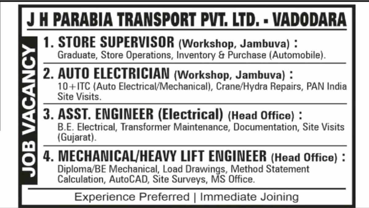 J H Parabia Transport Pvt Ltd Careers: Immediate Hiring in Vadodara | Apply Now