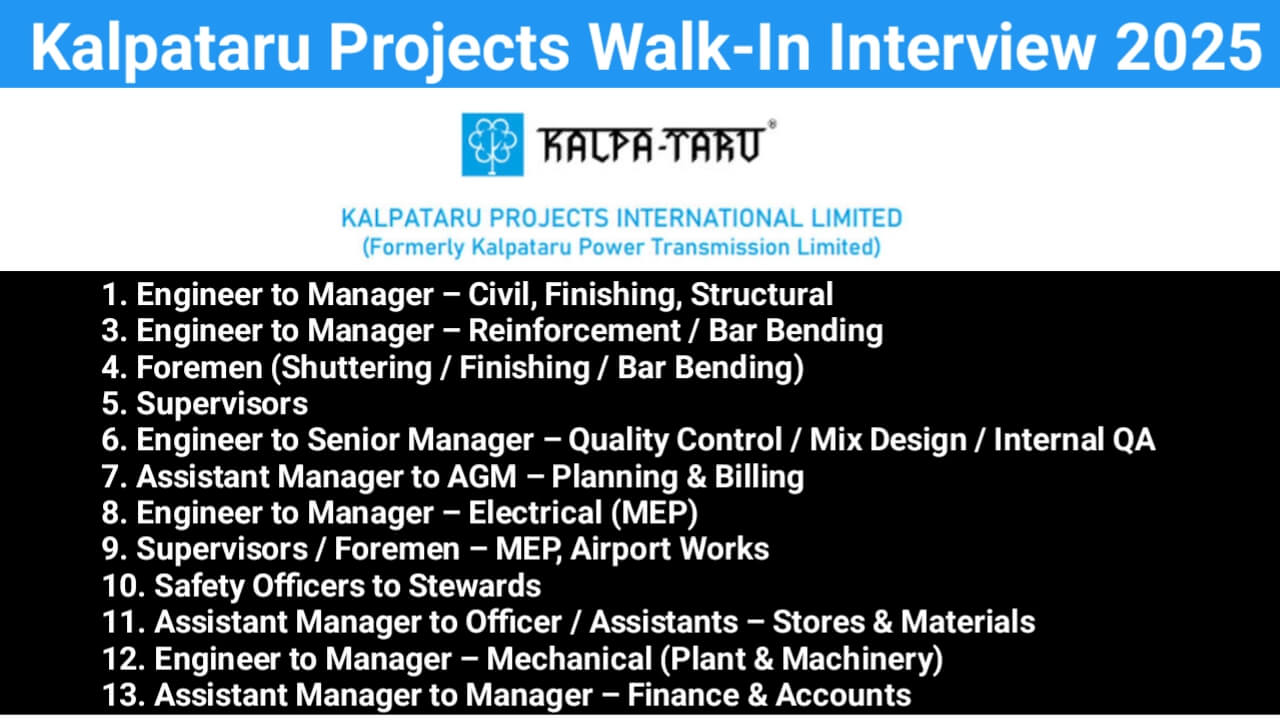 Kalpataru Projects International Ltd. Walk-In Interview 2025 | Date: Sunday, 20th July 2025
