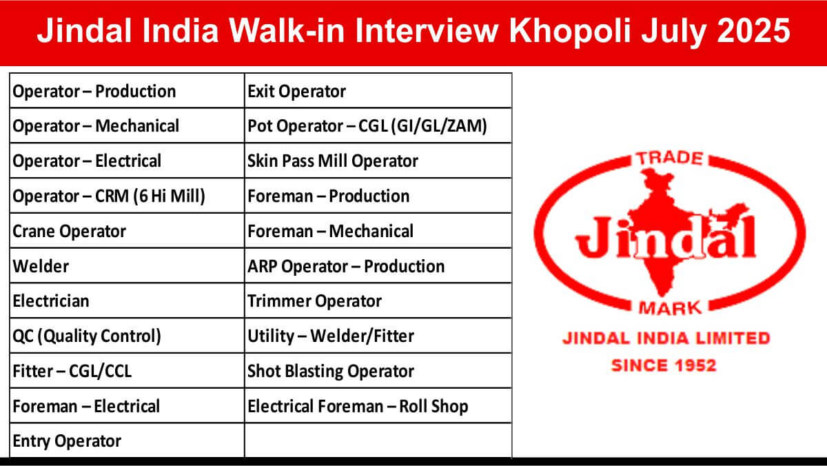 Jindal Steel CRM CGL Operator Jobs 2025 | Jindal India Hiring Crane Operator, Welder, Fitter