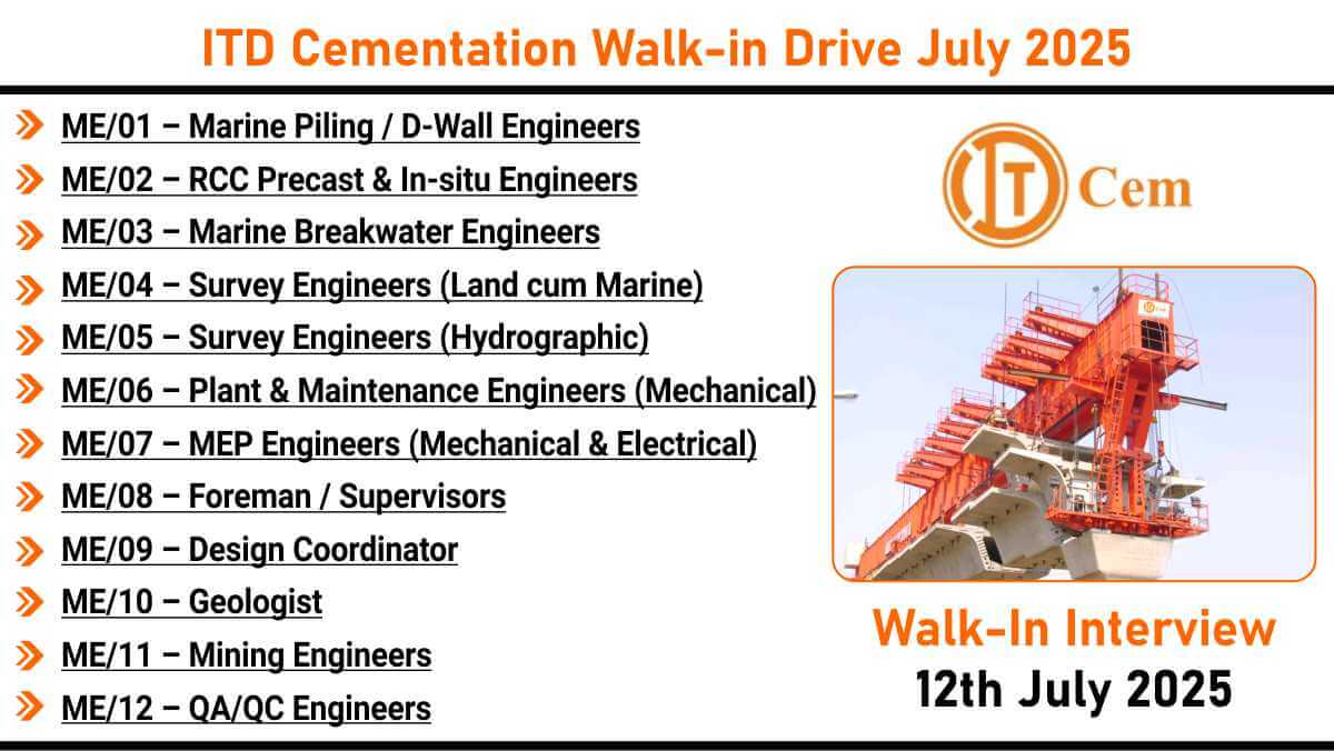 ITD Cementation Walk-in Drive July 2025 | Civil & Mechanical Engineer Jobs for Marine Projects