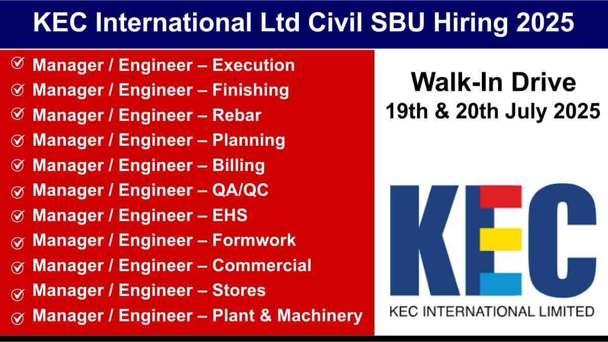KEC International Ltd Civil SBU Hiring 2025 | Mivan Construction Civil Jobs in India