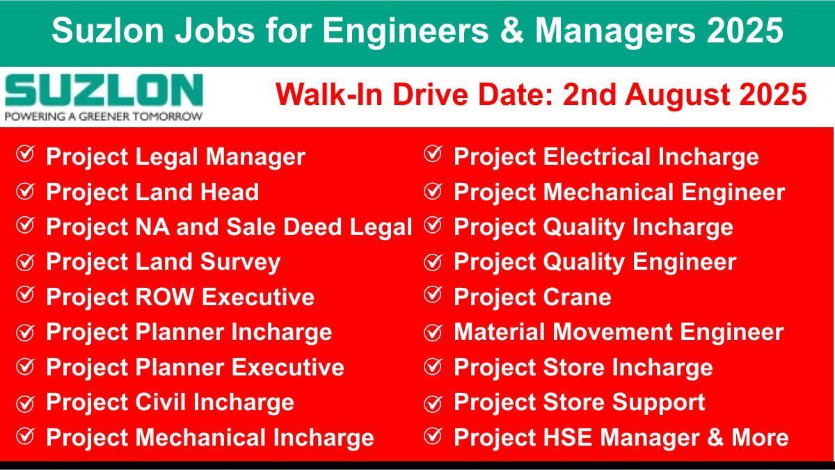 Suzlon Jobs for Engineers & Managers 2025 | Suzlon Openings in Project Planning, HSE, Legal, Admin