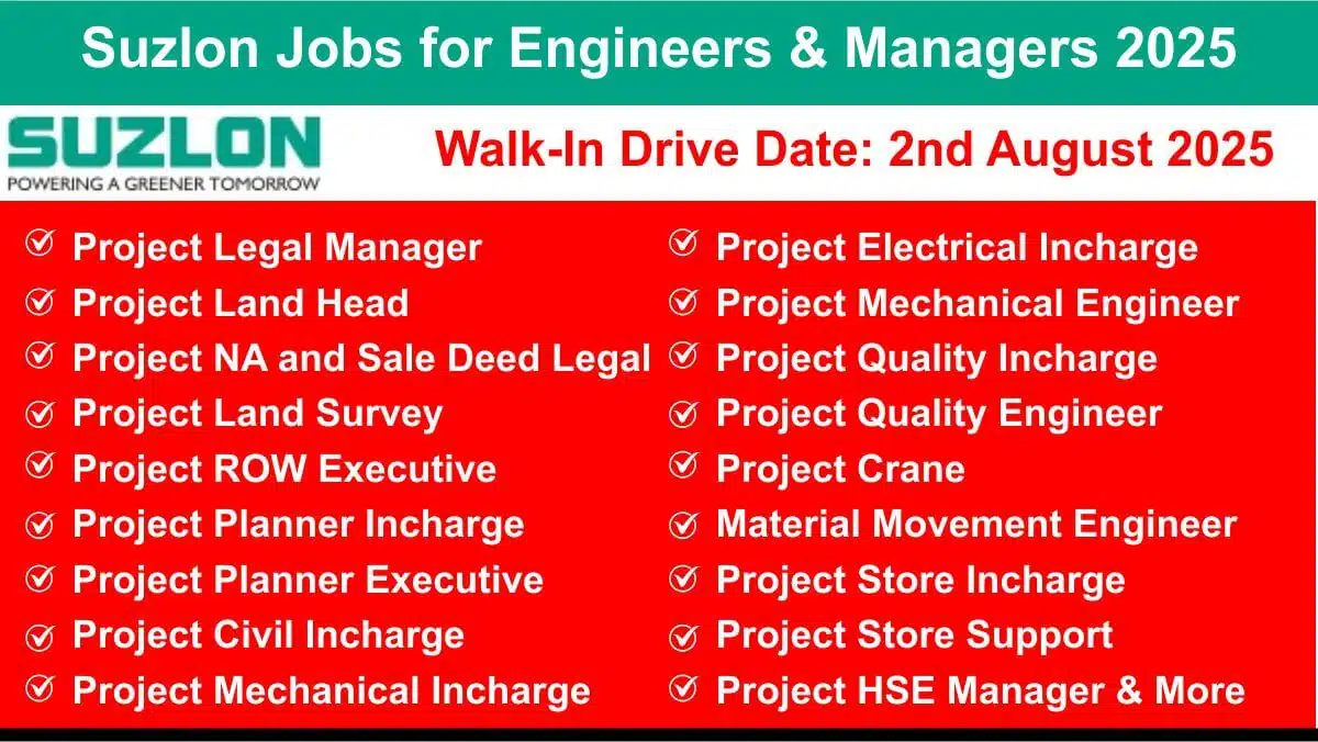 Suzlon Jobs for Engineers & Managers 2025 | Suzlon Openings in Project Planning, HSE, Legal, Admin
