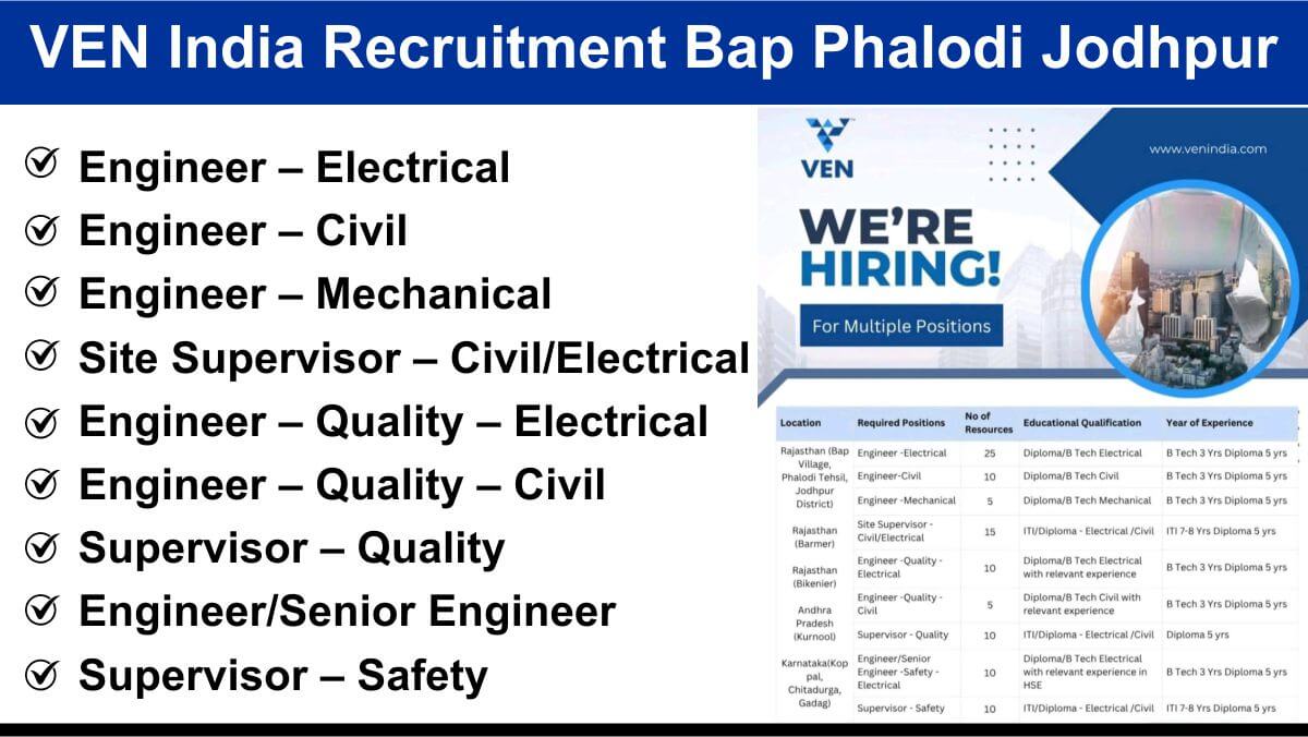 VEN India Recruitment Bap Phalodi Jodhpur | Site Supervisor Jobs in Rajasthan VEN India