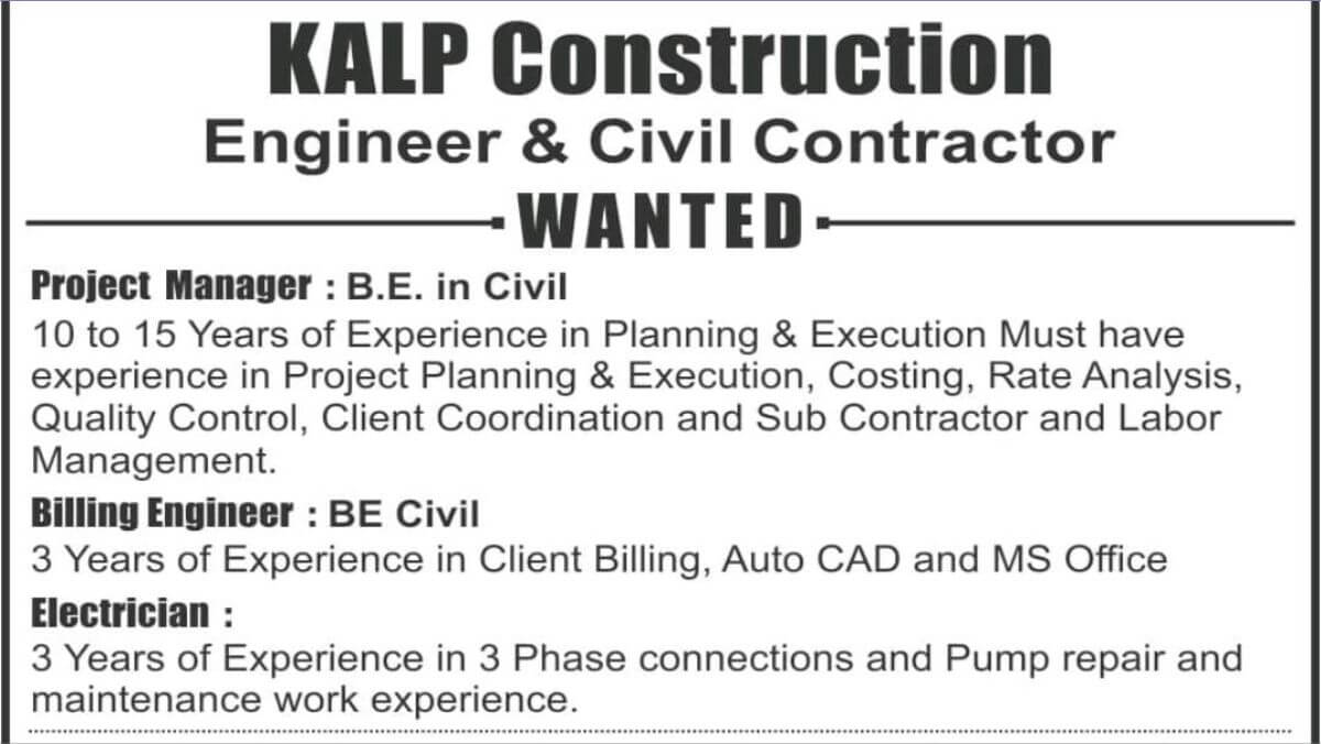 KALP Construction Hiring BE Civil Engineers | AutoCAD Billing Engineer Vacancy 2025