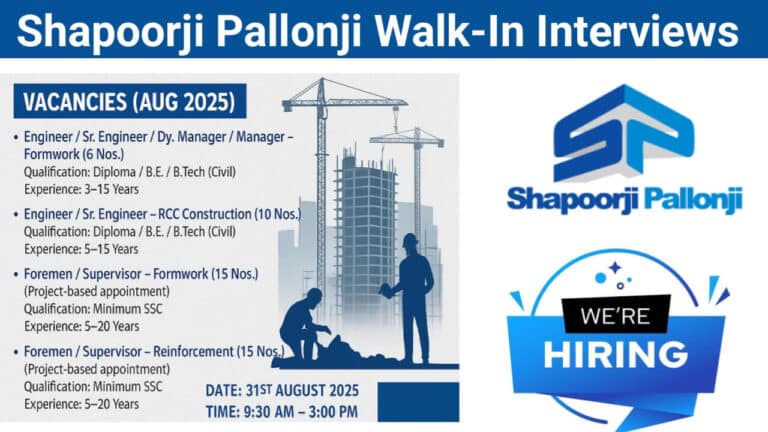 Shapoorji Pallonji Engineering & Construction – Walk-In Interviews | Date: 31st August 2025
