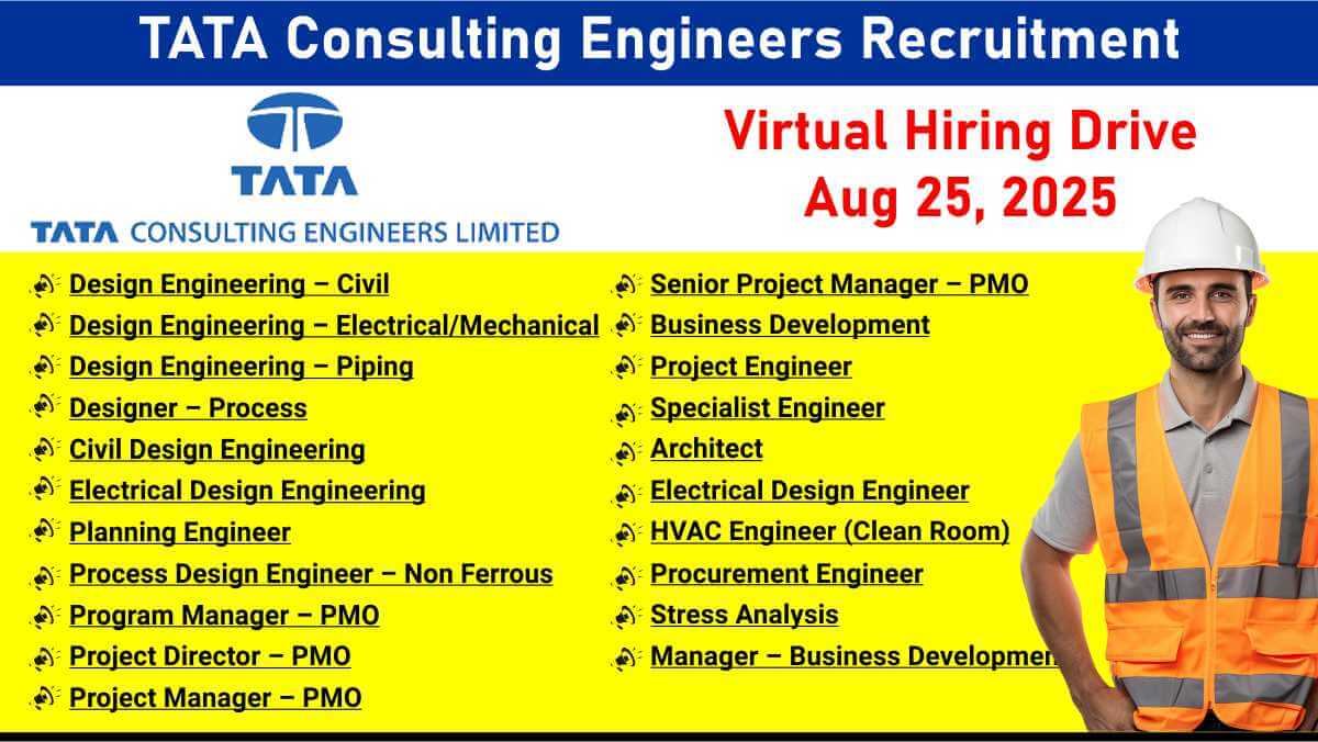 TATA Consulting Engineers Recruitment | 25 Aug Virtual Hiring Drive