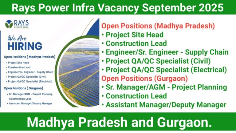 Rays Power Infra Vacancy September 202 | Solar Projects Jobs In Madhya Pradesh and Gurgaon
