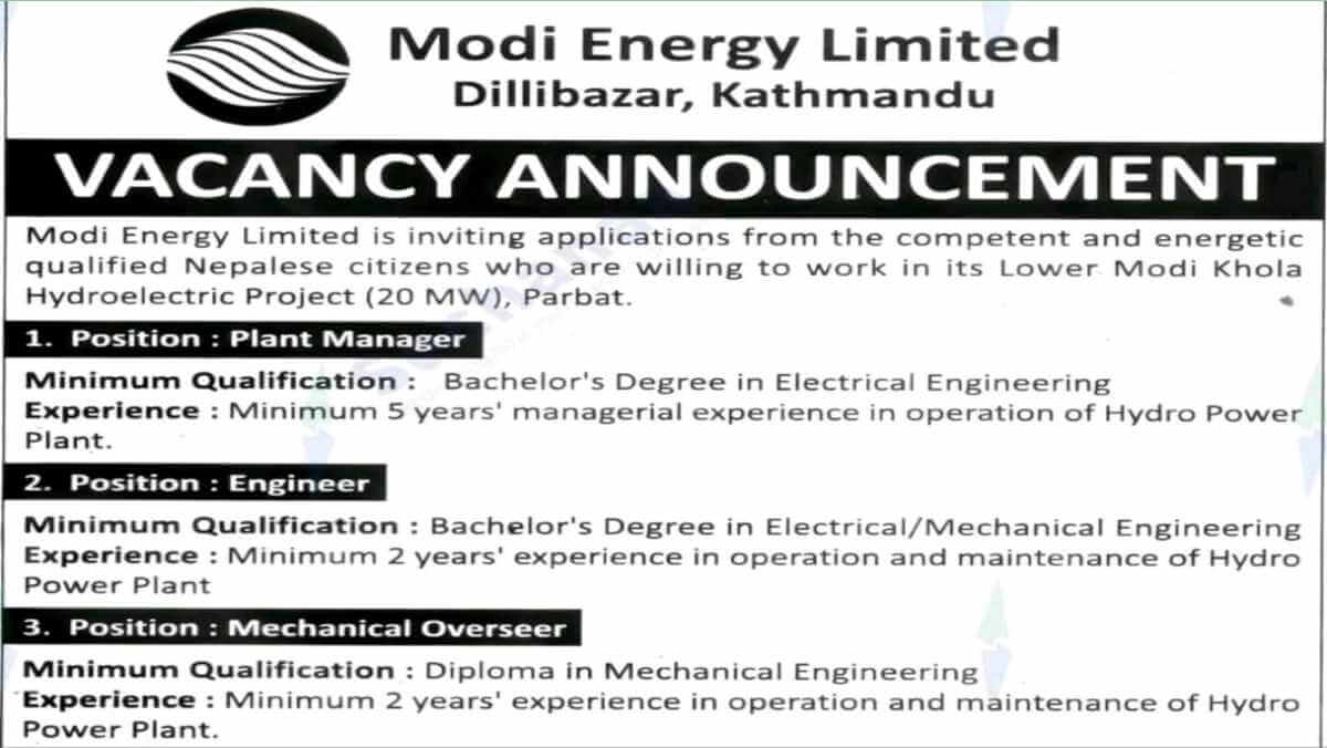 Modi Energy Careers Nepal | Lower Modi Khola Hydro Project Jobs | Apply Now