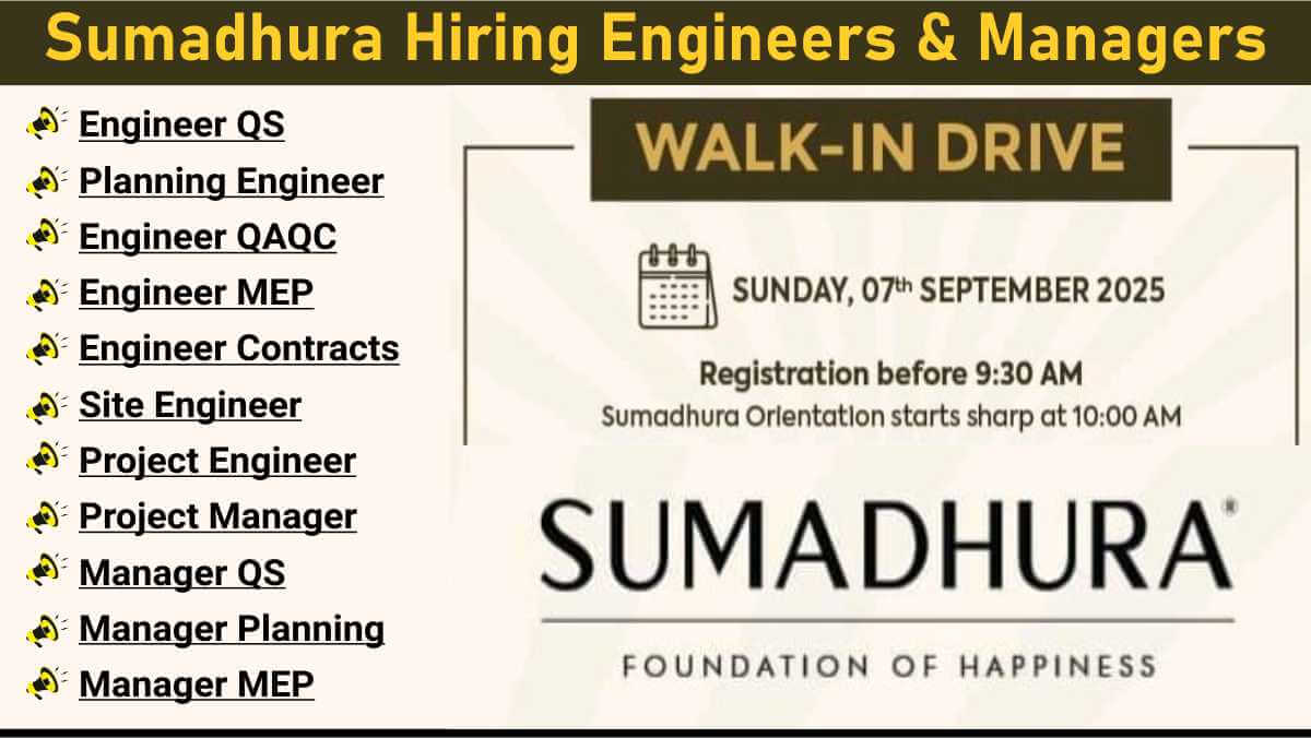 Sumadhura Hiring Engineers & Managers | Walk-In Interview 7th Sept 2025