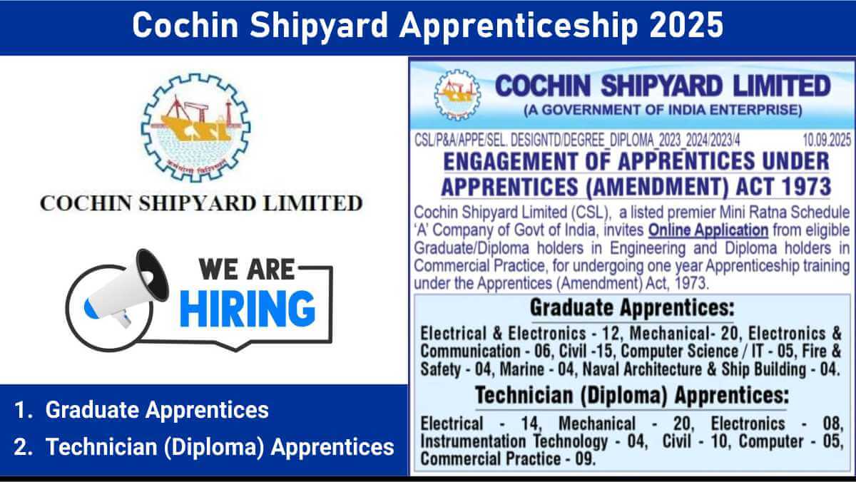 Cochin Shipyard Apprenticeship 2025 | Last Date 25 Sept 2025