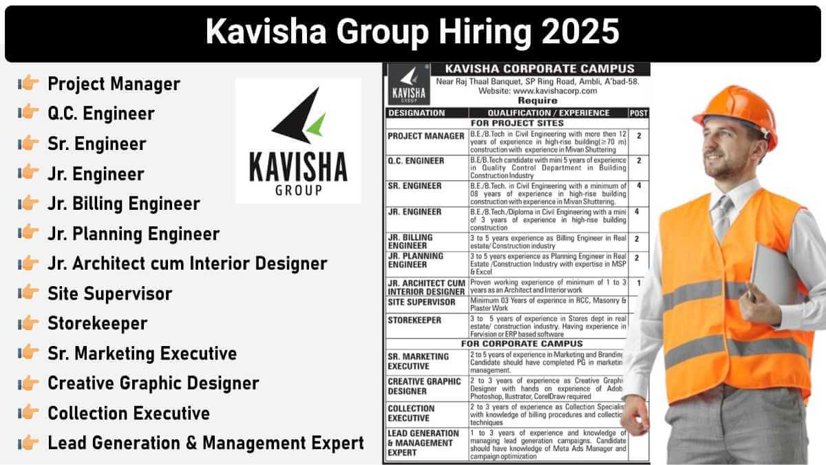Kavisha Group Hiring 2025 | For Site Supervisor, Store Keeper And QC Engineer