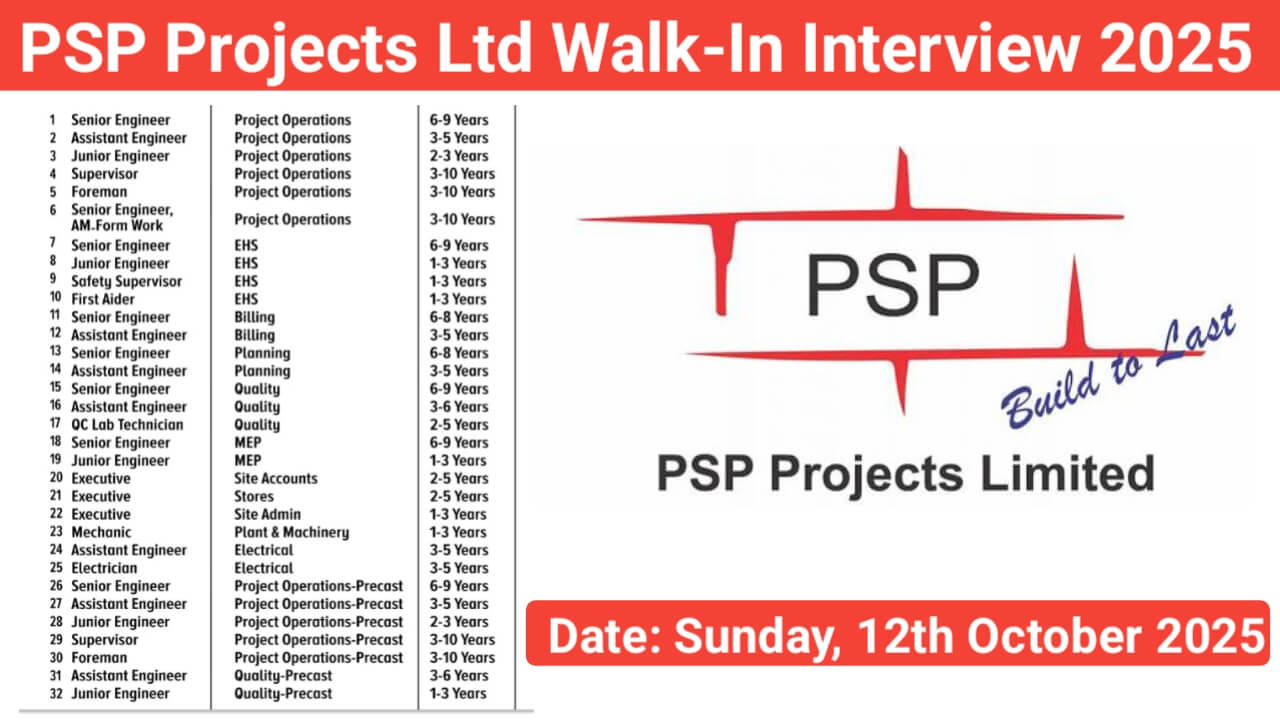 PSP Projects Limited Walk-In Interview October 2025 | Date: Sunday, 12th October 2025