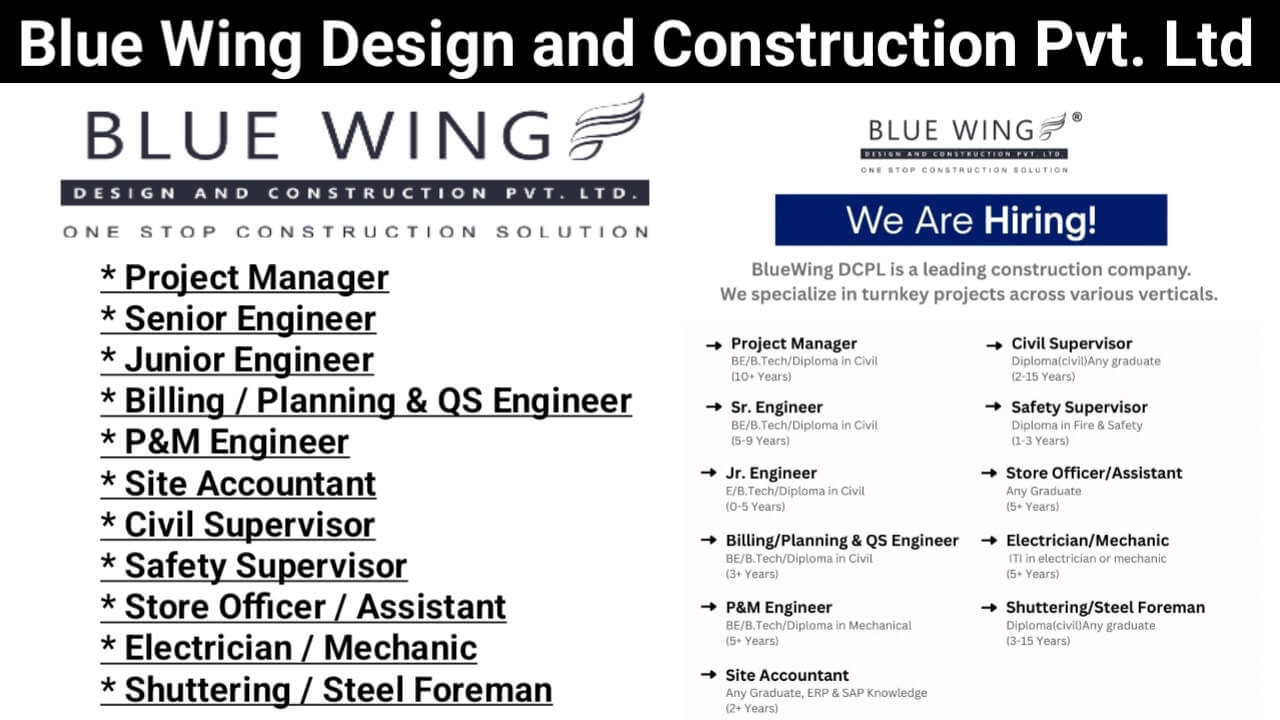 Blue Wing Design and Construction Pvt. Ltd New Vacancy 2025 | Job Locations: Goa & Ahmedabad