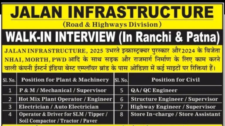 Jalan Infrastructure Walk-In Interview 2025 | Location: Ranchi (Jharkhand) And Patna (Bihar)