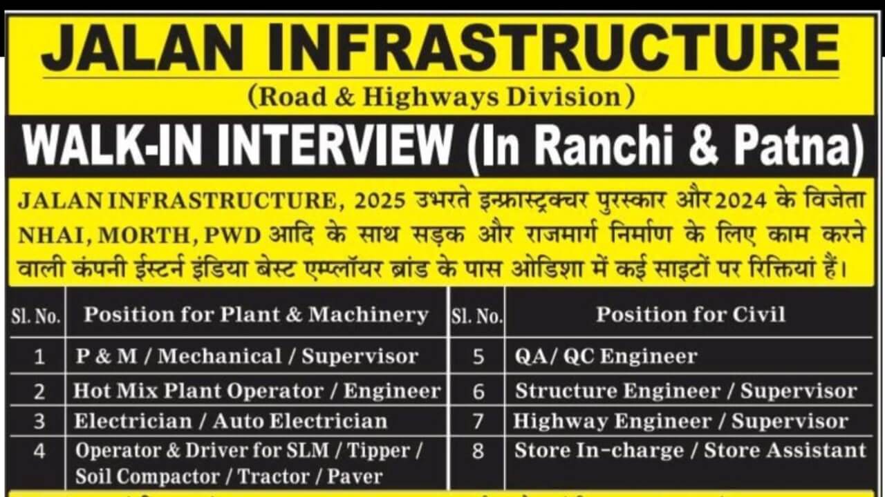 Jalan Infrastructure Walk-In Interview 2025   | Location: Ranchi (Jharkhand) And Patna (Bihar)
