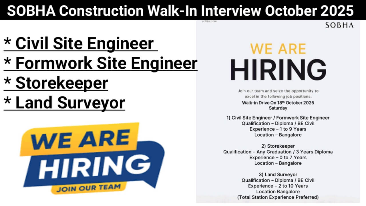 SOBHA Construction Walk-In Interview October 2025 | Date: 18th October 2025 (Saturday)