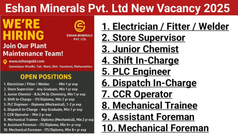 Eshan Minerals Pvt. Ltd New Vacancy 2025 | For Plant Maintenance Team