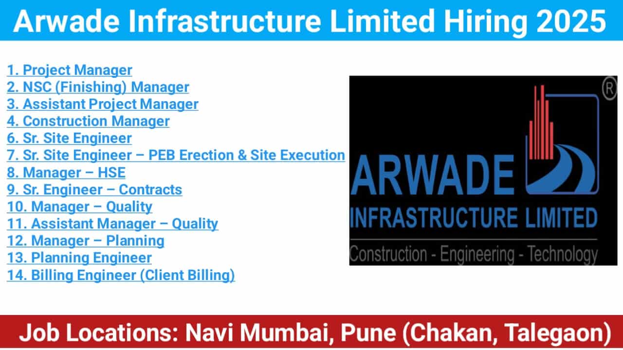 Arwade Infrastructure Limited Hiring 2025 | Job Locations: Navi Mumbai, Pune (Chakan, Talegaon)