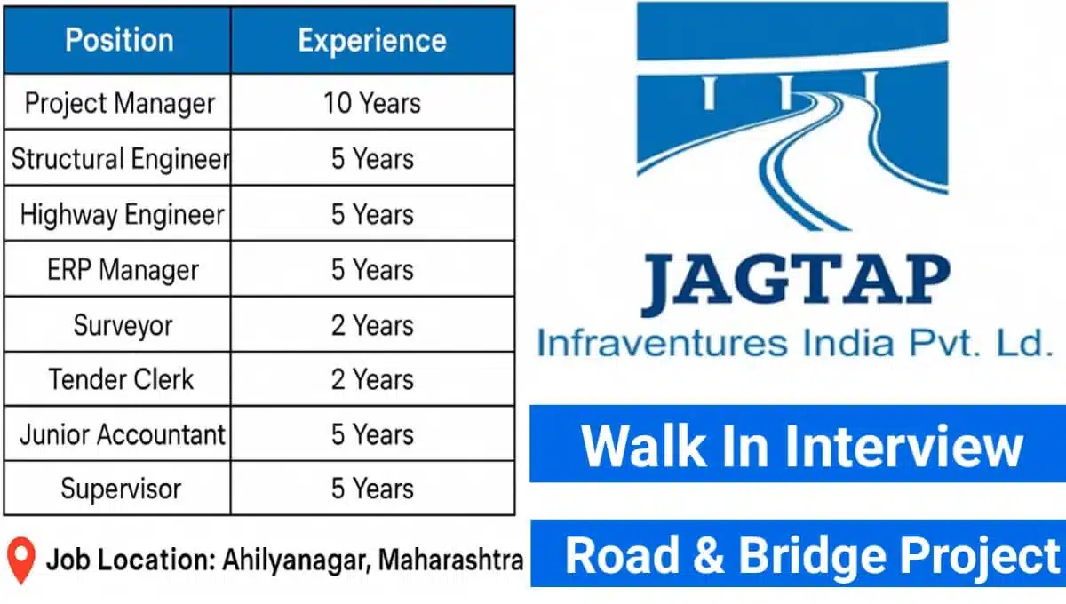 Jagtap Infraventures India Pvt Ltd Recruitment 2025 | For Road & Bridge Project