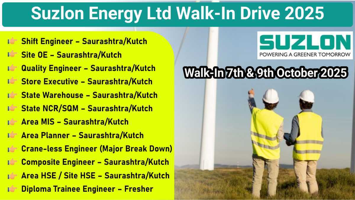 Suzlon Energy Ltd Walk-In Drive October 2025 | Opening For Fresher & Experienced Candidates