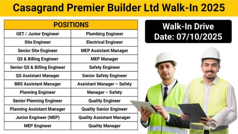 Casagrand Premier Builder Ltd Walk-In October 2025 | For Residential Projects | Interview Date: 07/10/2025