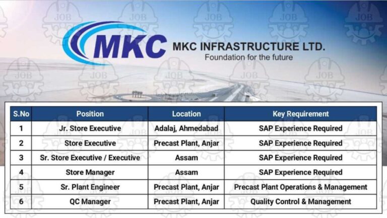 MKC Infrastructure Ltd Latest Hiring 2025 | Construction Jobs In Ahmedabad & Assam